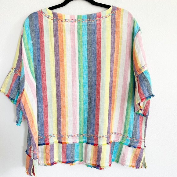 John Mark Shirt XL Rainbow Stripe Linen Embroidery Flounce Sleeve Raw Hem - Picture 6 of 8